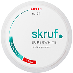 Skruf Super White Fresh #4 slim nicotine pouches with mint flavor, 21mg/g strength, all-white design.
