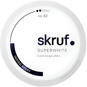 Skruf Superwhite Indigo Berry #2 nicotine pouches can with blackberry and mint flavor